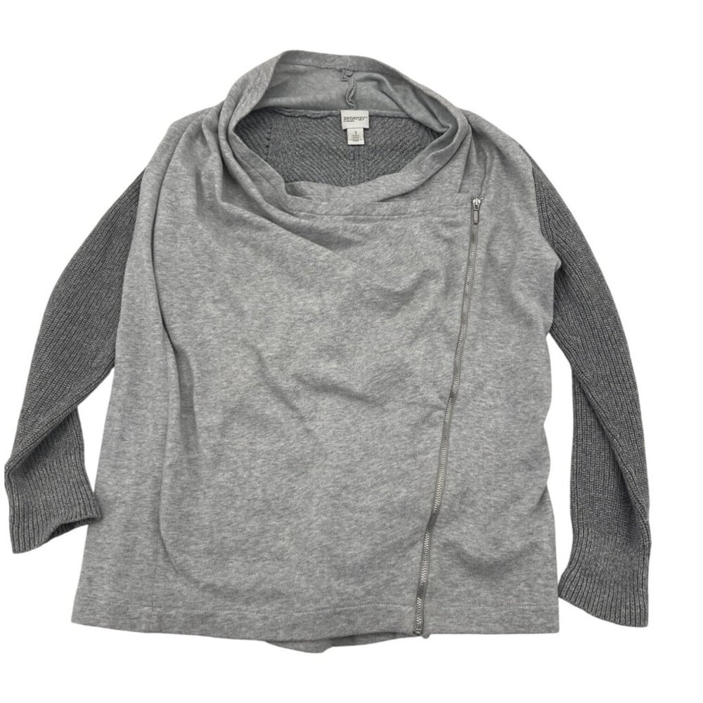 Zenergy By Chicos sz 1 Med Women's Lightweight Gray Pullover‎ Sweater Asymmetric